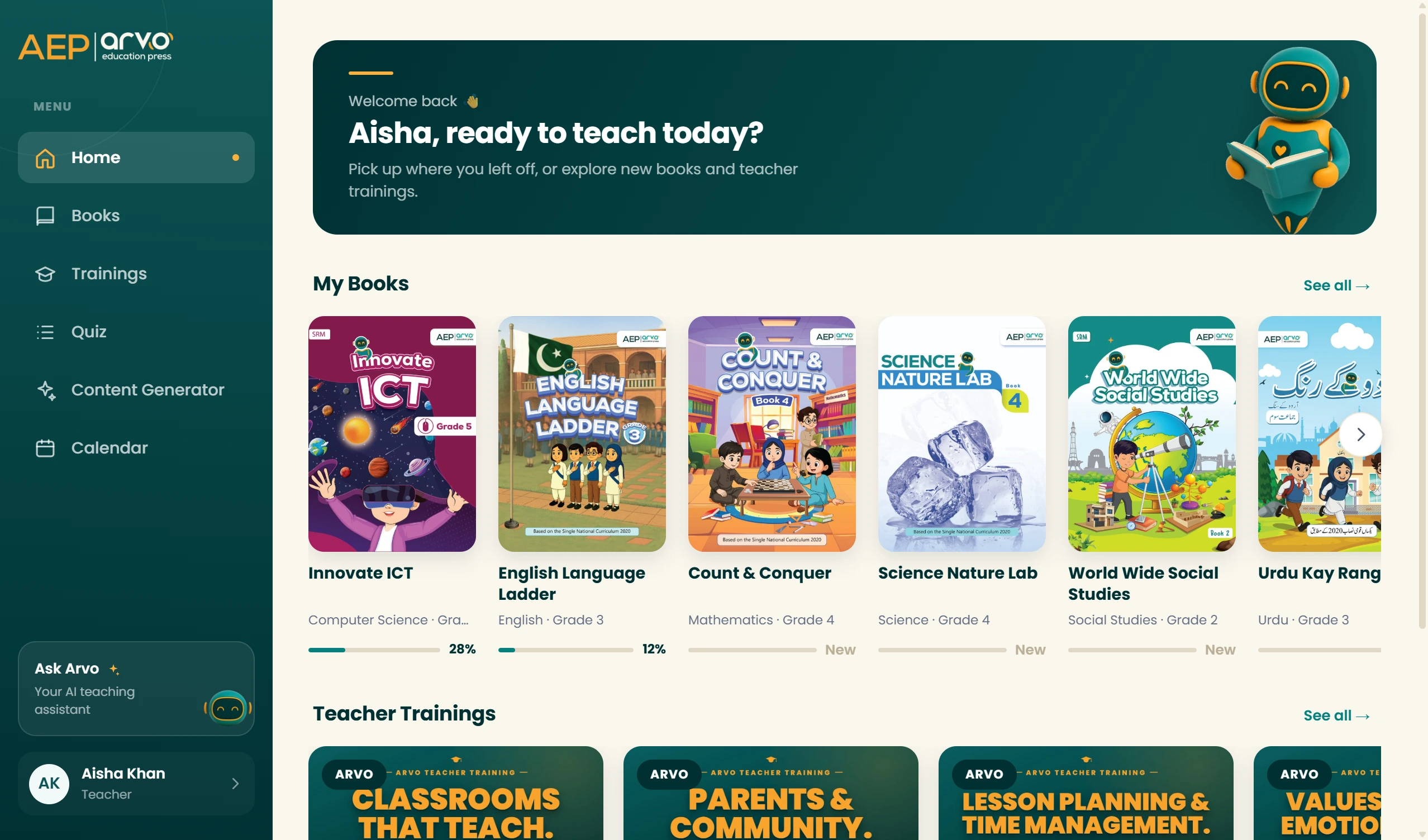 Teacher portal: the ARVO LMS
