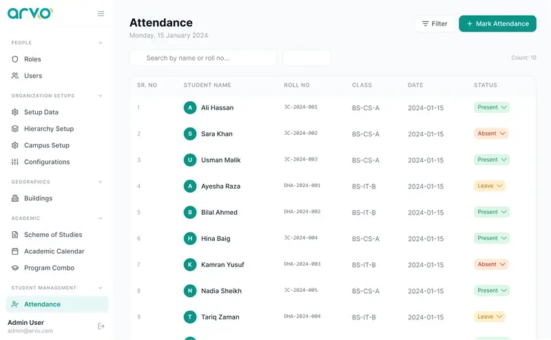 Student attendance list on the ARVO Core CMS web portal