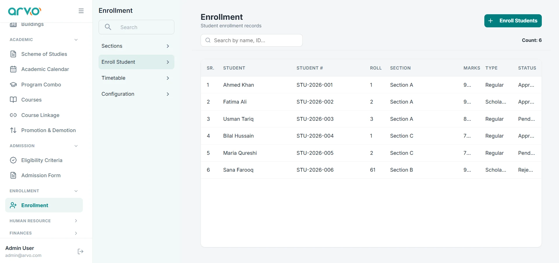 ARVO Core CMS web portal student records