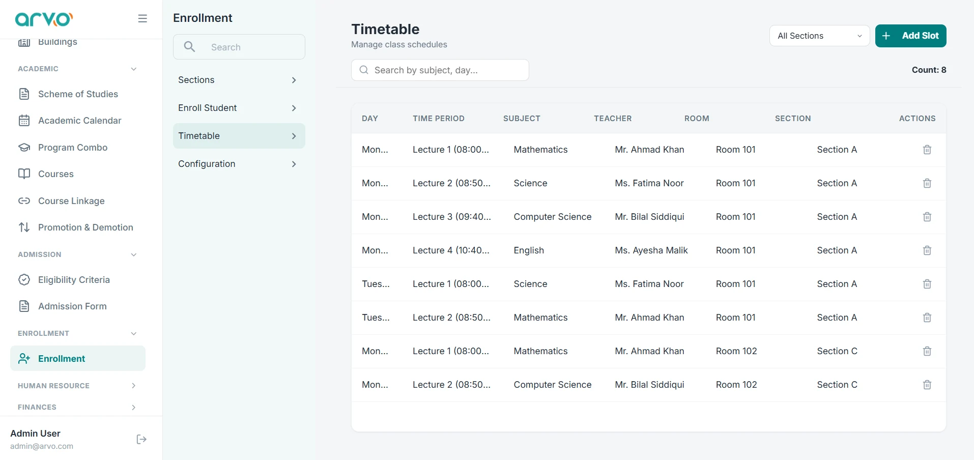 Timetable on the ARVO Core CMS web portal