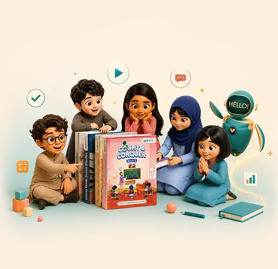 AEP — characters with textbooks and digital content