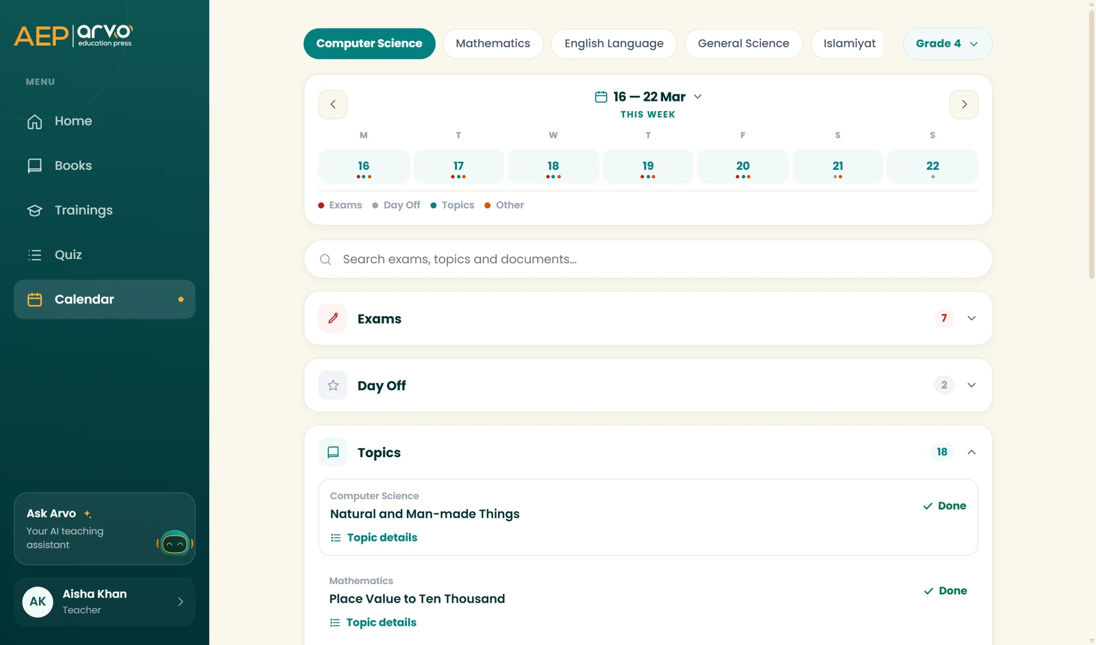 Academic calendar on the ARVO Pulse teacher portal