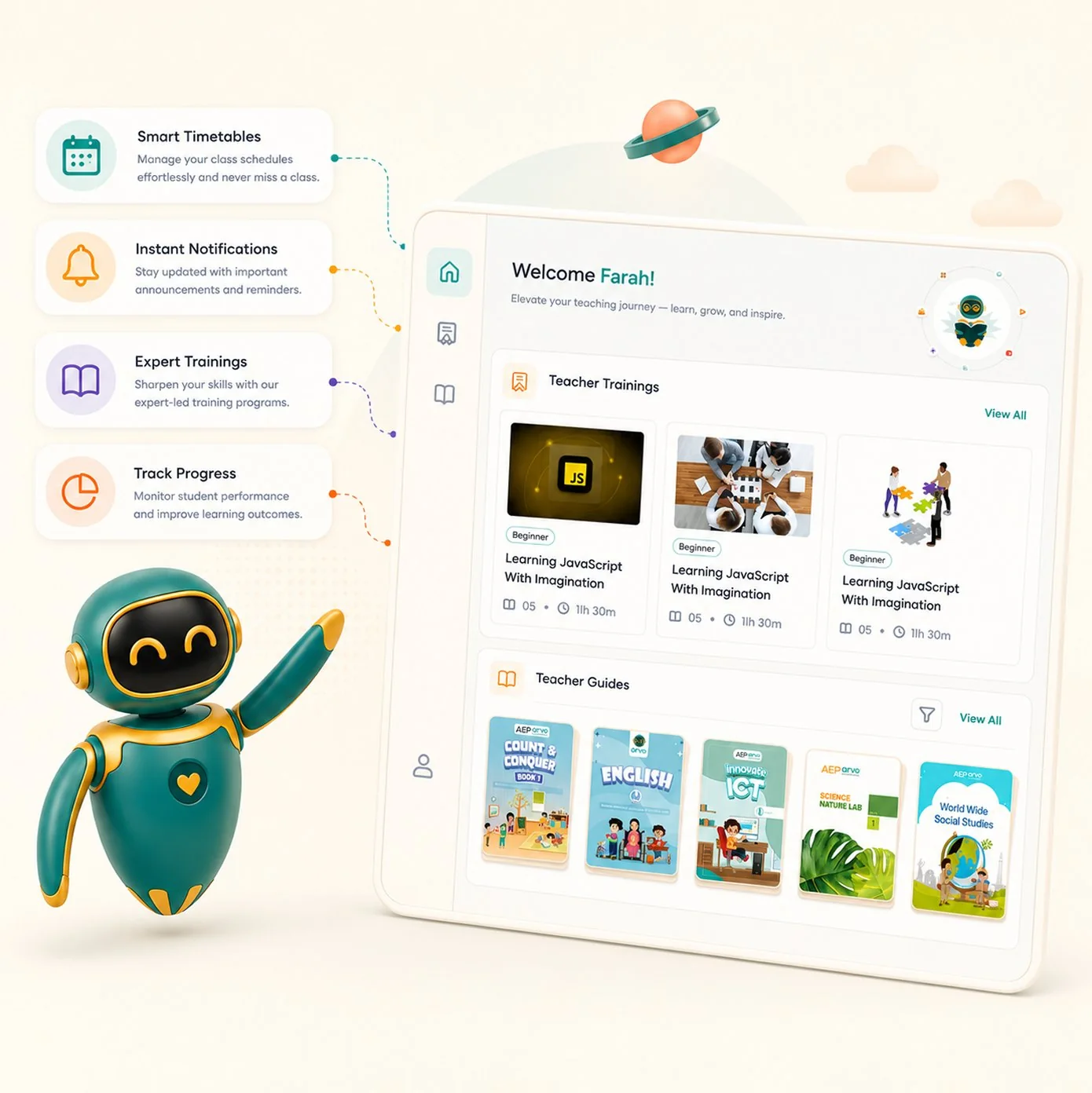 ARVO Teachers Portal — dashboard with trainings, guides, and quick tools