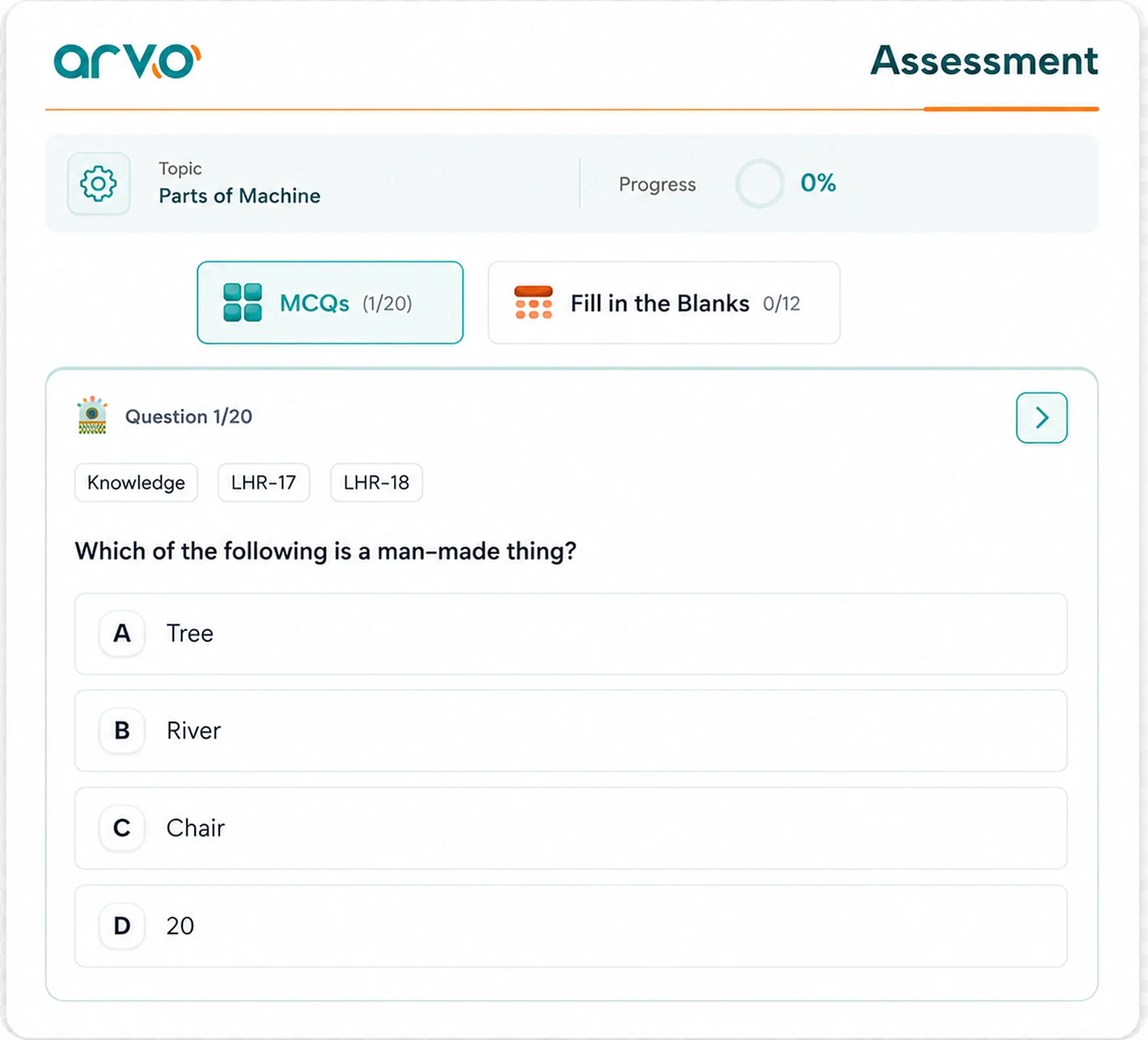 ARVO assessment — MCQs and Fill in the Blanks in the teacher portal