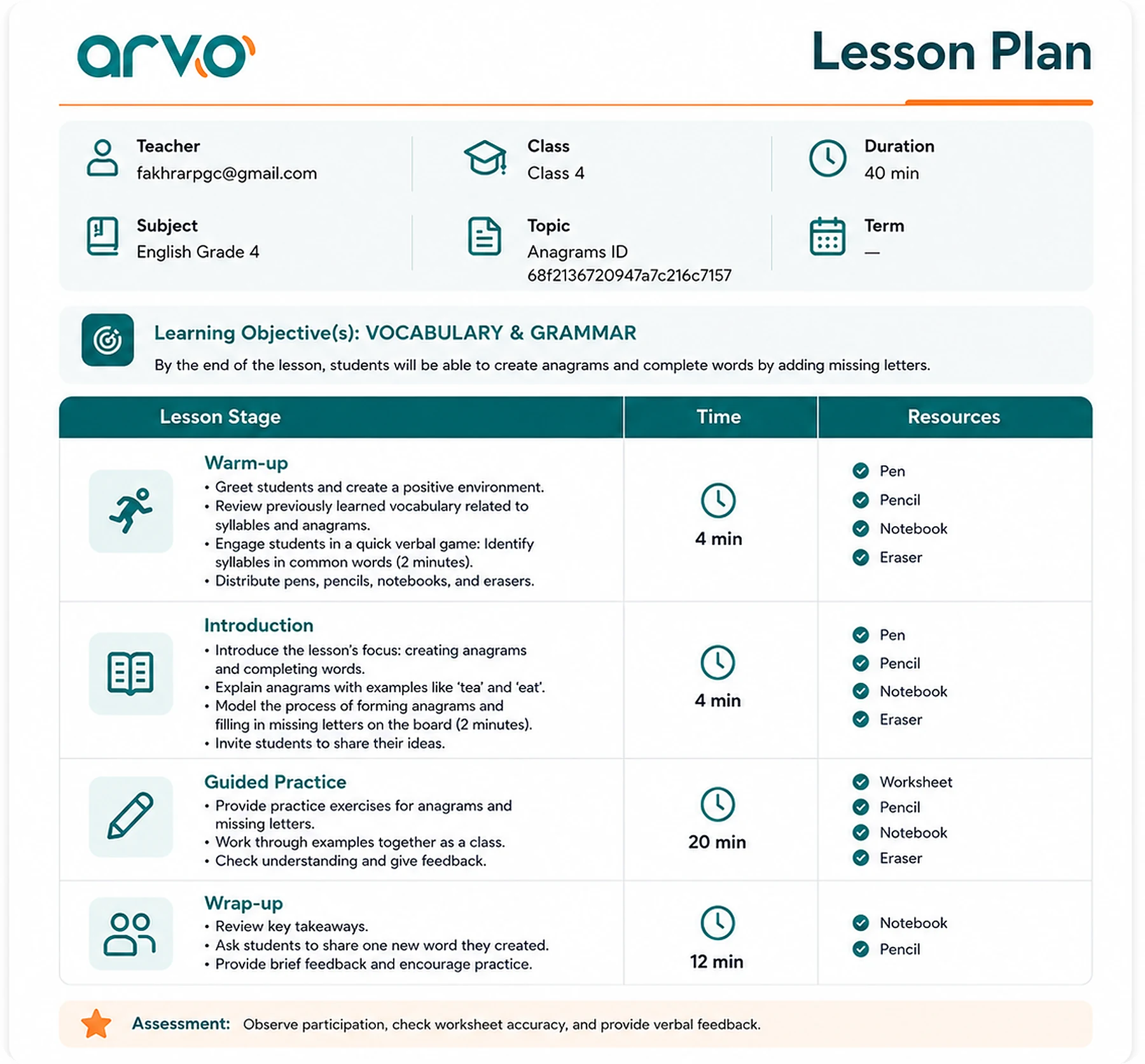 ARVO lesson plan — Grade 4 English, warm-up and introduction