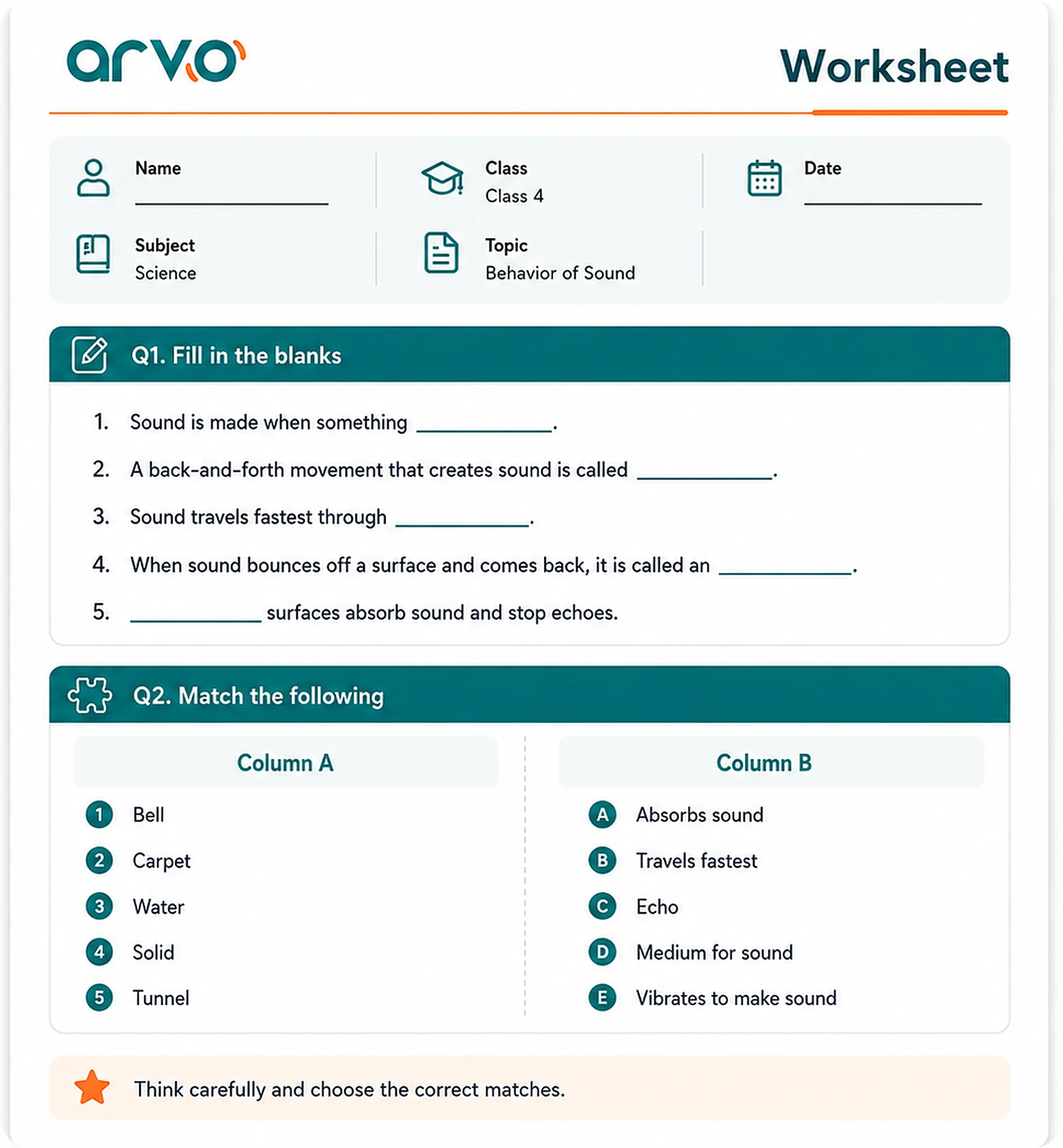 ARVO worksheet — Behavior of Sound, fill in the blanks and matching